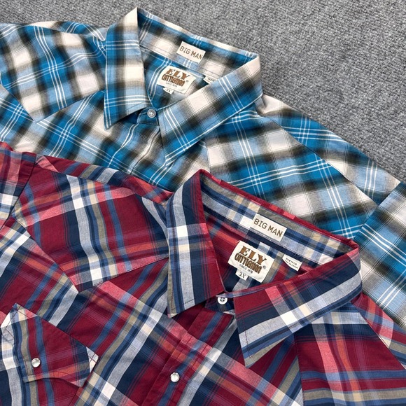 [Lot of 2]Ely Cattleman Big Man Western Pearl Snap Shirt Mens 3XL Red Blue Plaid - Picture 1 of 12